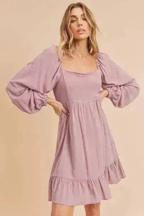 Aemi + Co Ruffled Hem Square Neck Balloon Sleeve Mini Dress