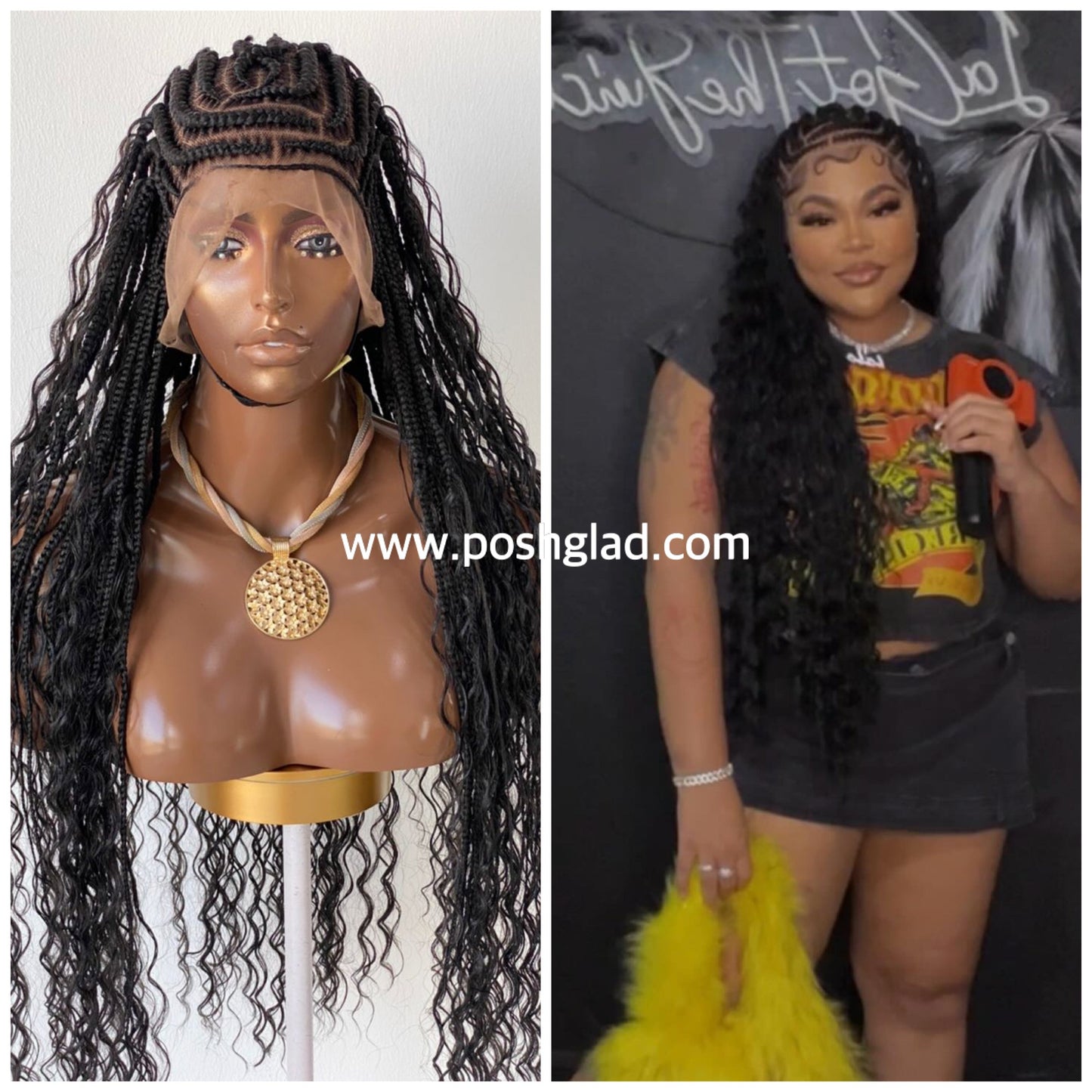 French Cornrow Bohemian Wig, Swiss Full Lace, Black, Waist Length, Standard Density - Sweetie