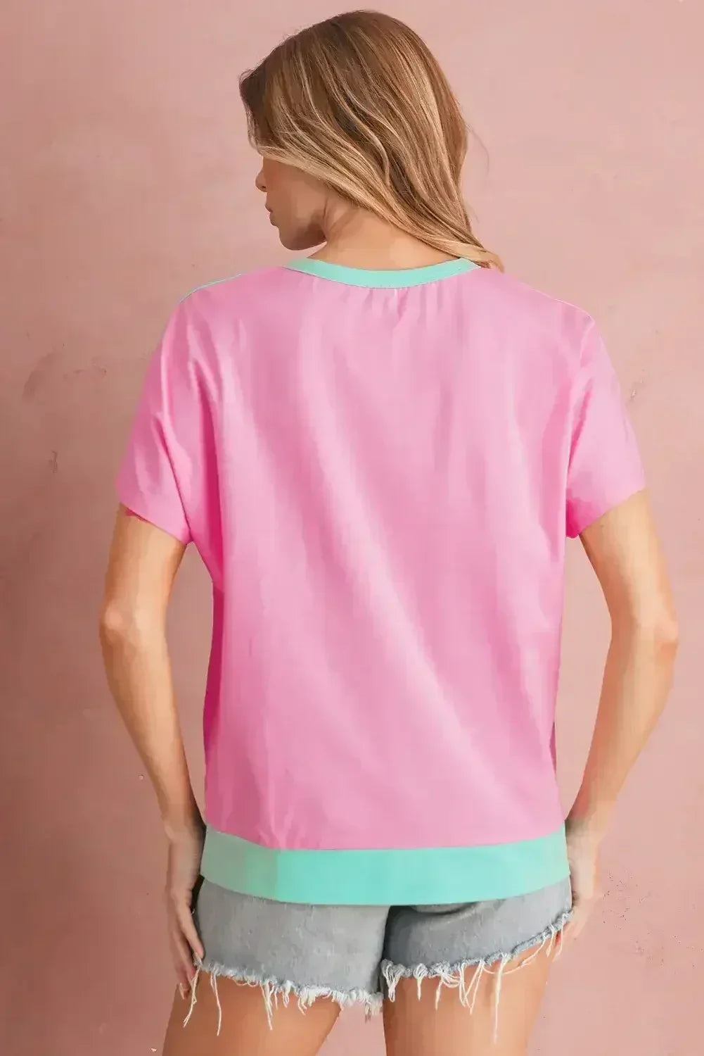 Mint Green Colorblock Half Buttons Henley T Shirt