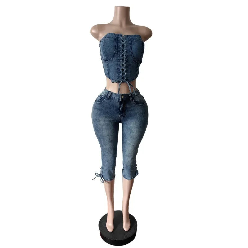 Fashion Sexy Lace-up Crop Jean Tube Top Women's Club Party Elastic Skinny Cropped Jeans Streetwear Two Piece Sets