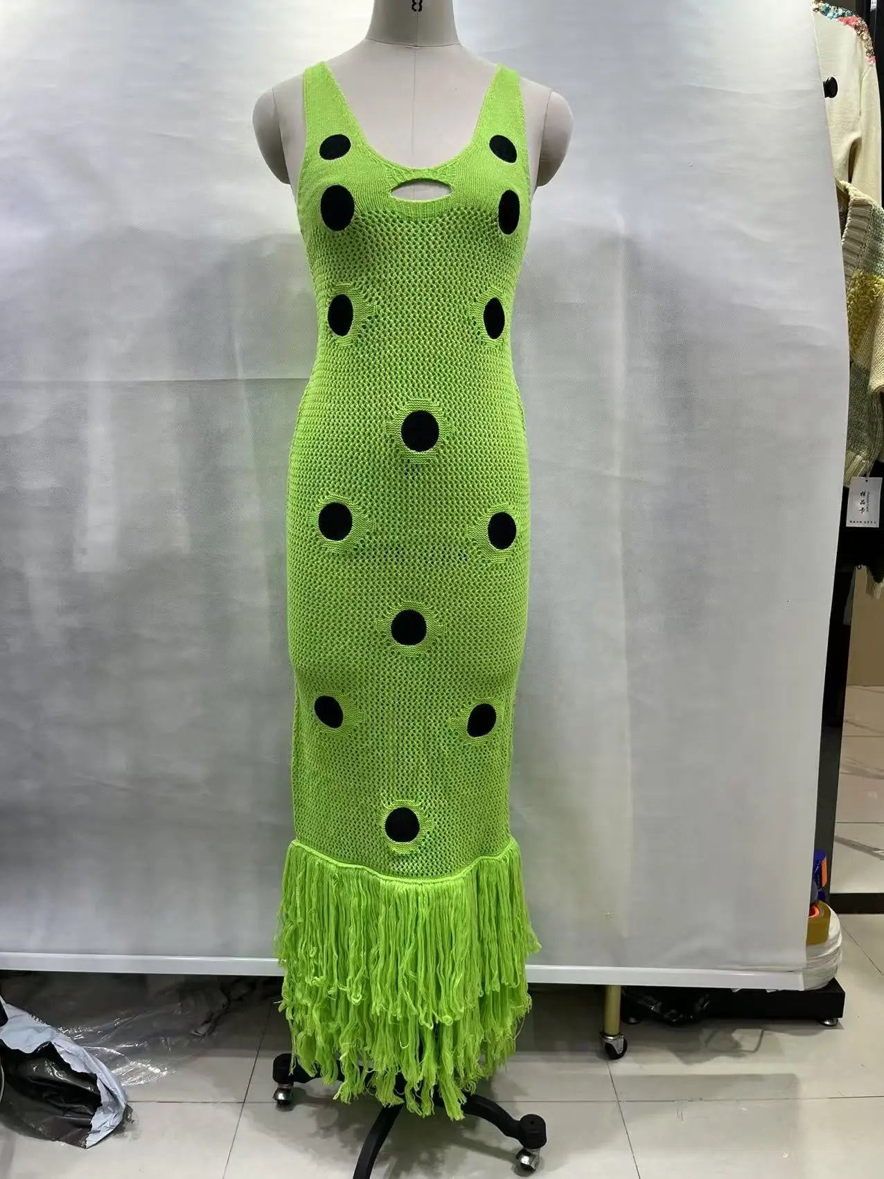 Women Sexy See Through Knitted Maxi Dress Hollow Out Deep Neck Pot Robes Tassel Hem Fork Party Vestidos 2025 New Lady Club Dress