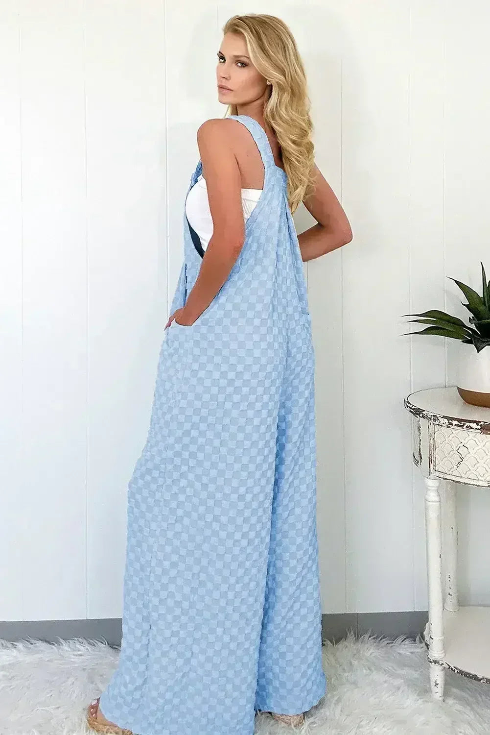 Beige Checkered Pocket High Waist Wide Leg Overall