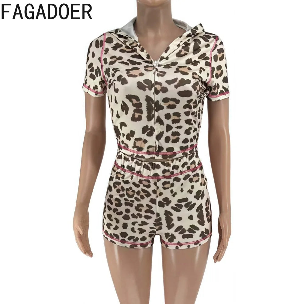 FAGADOER Sexy Leopard Contrast Letter Print Woman 2 Piece Set Outfit Short Sleeve Crop Jacket+Skinny Flare Pants Suit Streetwear