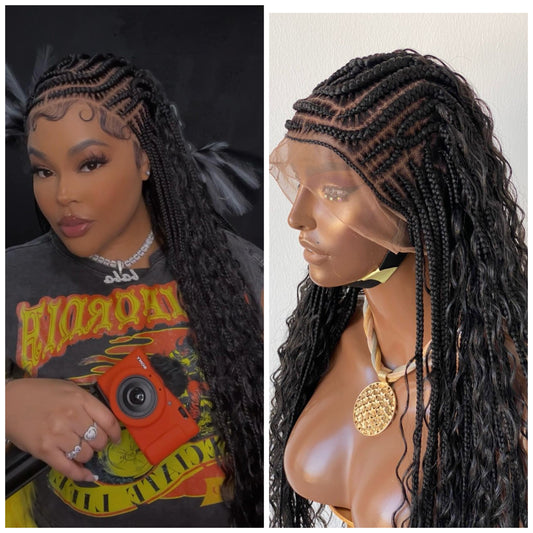 French Cornrow Bohemian Wig, Swiss Full Lace, Black, Waist Length, Standard Density - Sweetie