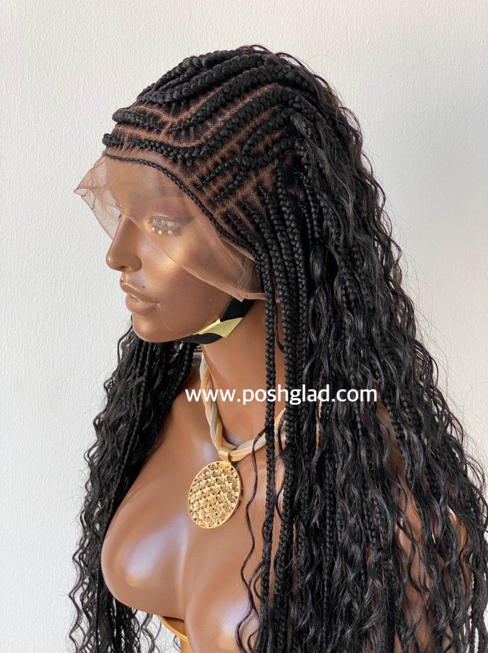 French Cornrow Bohemian Wig, Swiss Full Lace, Black, Waist Length, Standard Density - Sweetie