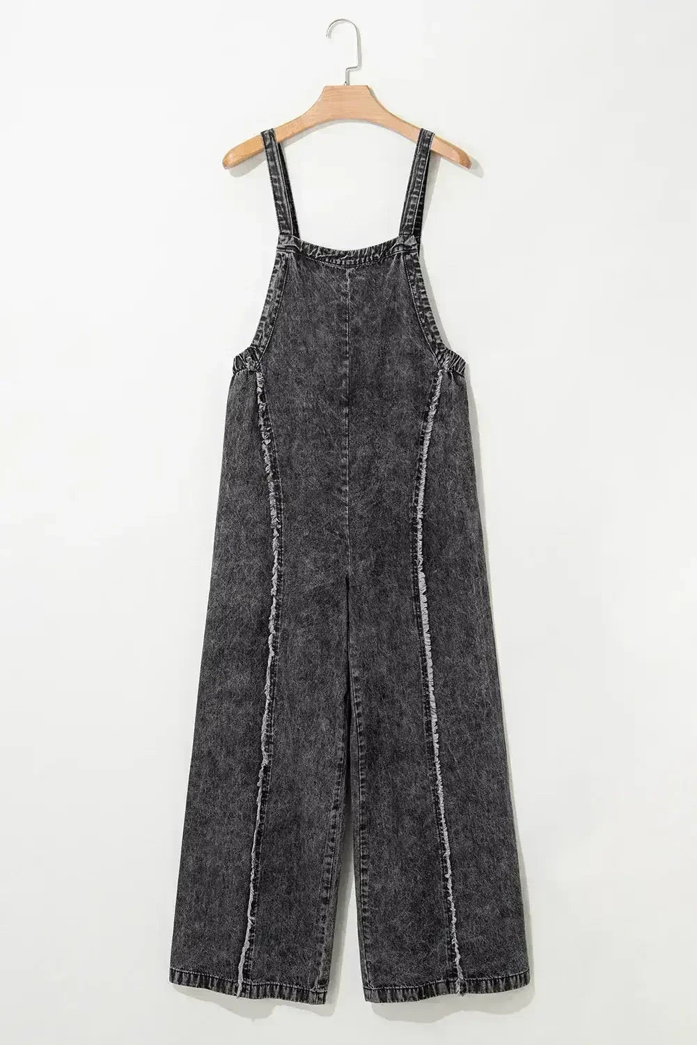 Blue Light Wash Frayed Exposed Seam Wide Leg Denim Overalls