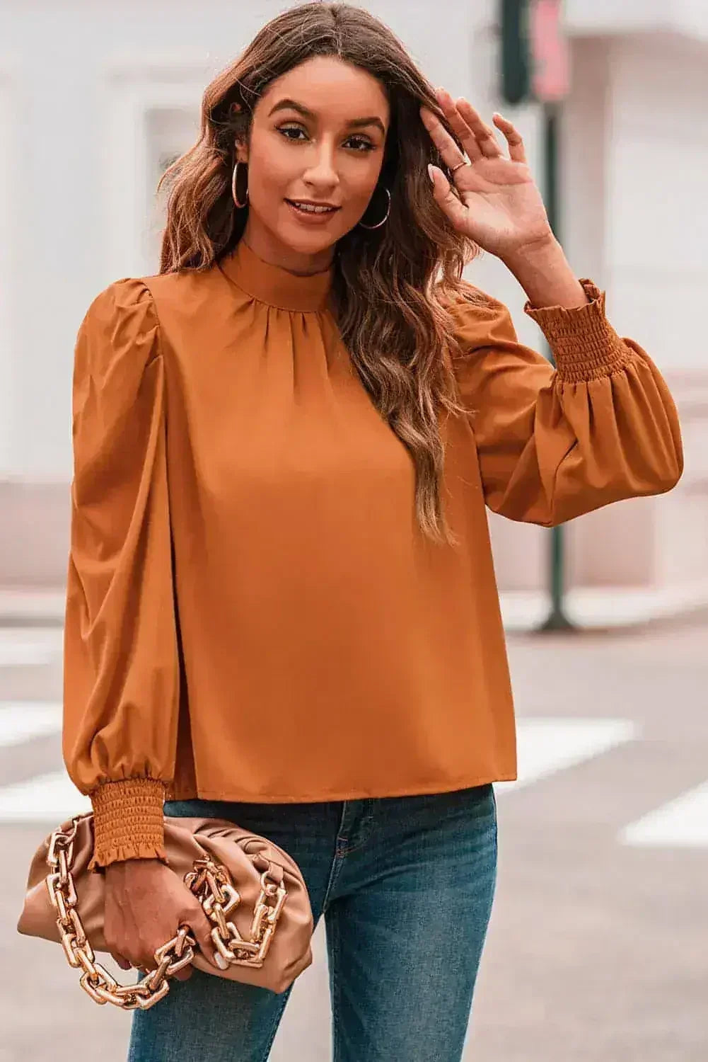Orange Chiffon Blouse - Bubble Sleeves & Mock Neck | Femstylo