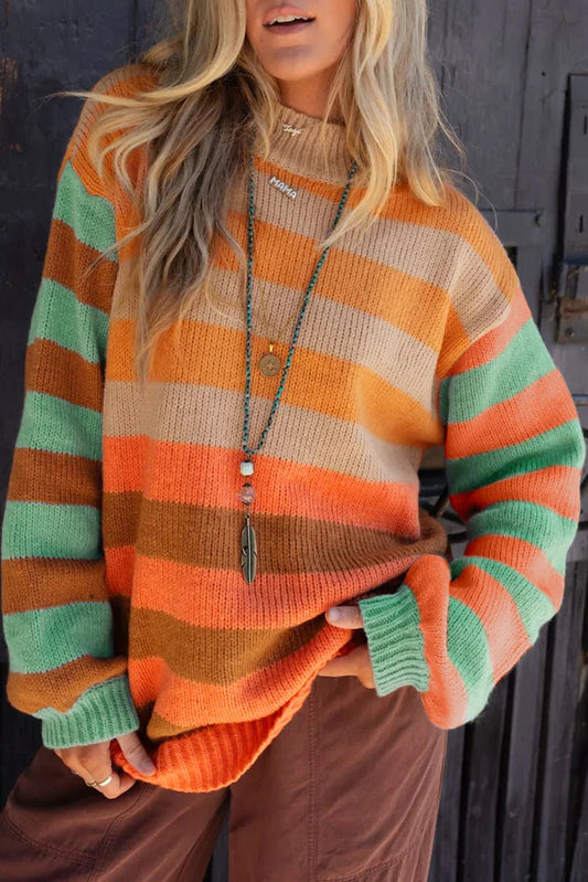 Orange Striped Colorblock High Neck Drop Shoulder Cozy Sweater