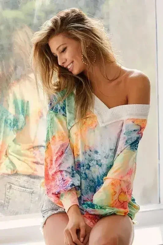 BiBi Tie Dye Soft Knit Jersey V-Neck Top | Femstylo