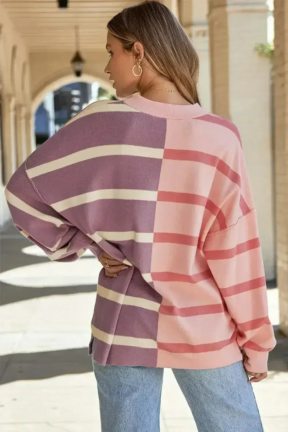 Pink Stripe Oversized Sweater - Colorblock Knit | Femstylo