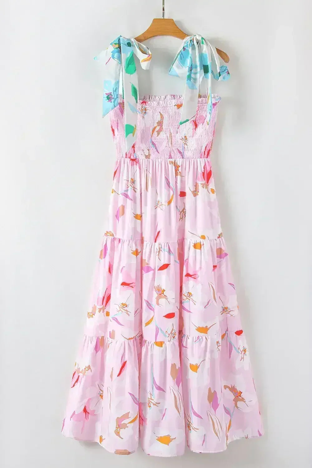 Pink Floral Print Knotted Shoulder Smocked Maxi Dress
