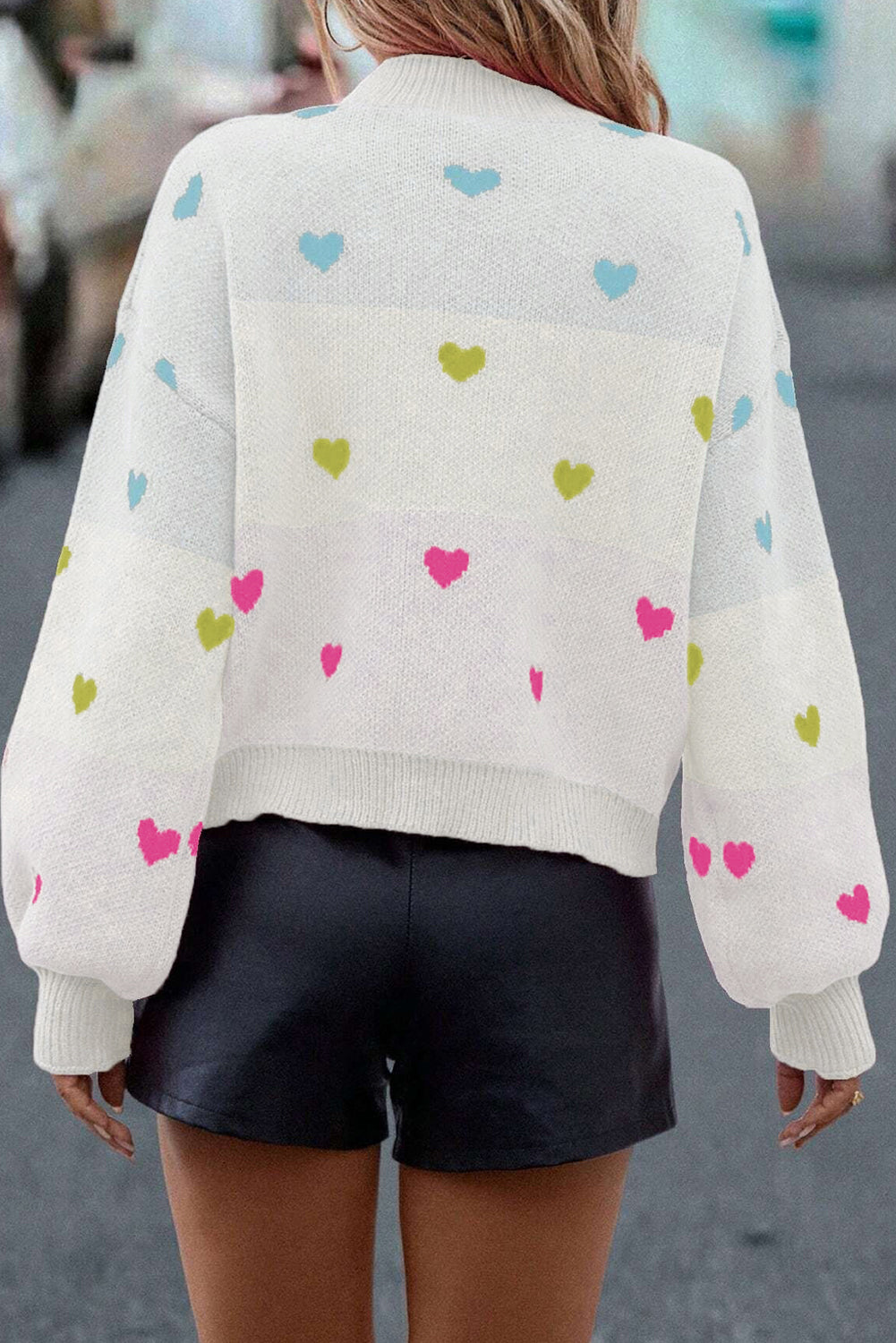 Multicolor Heart Pattern Colorblock High Neck Sweater
