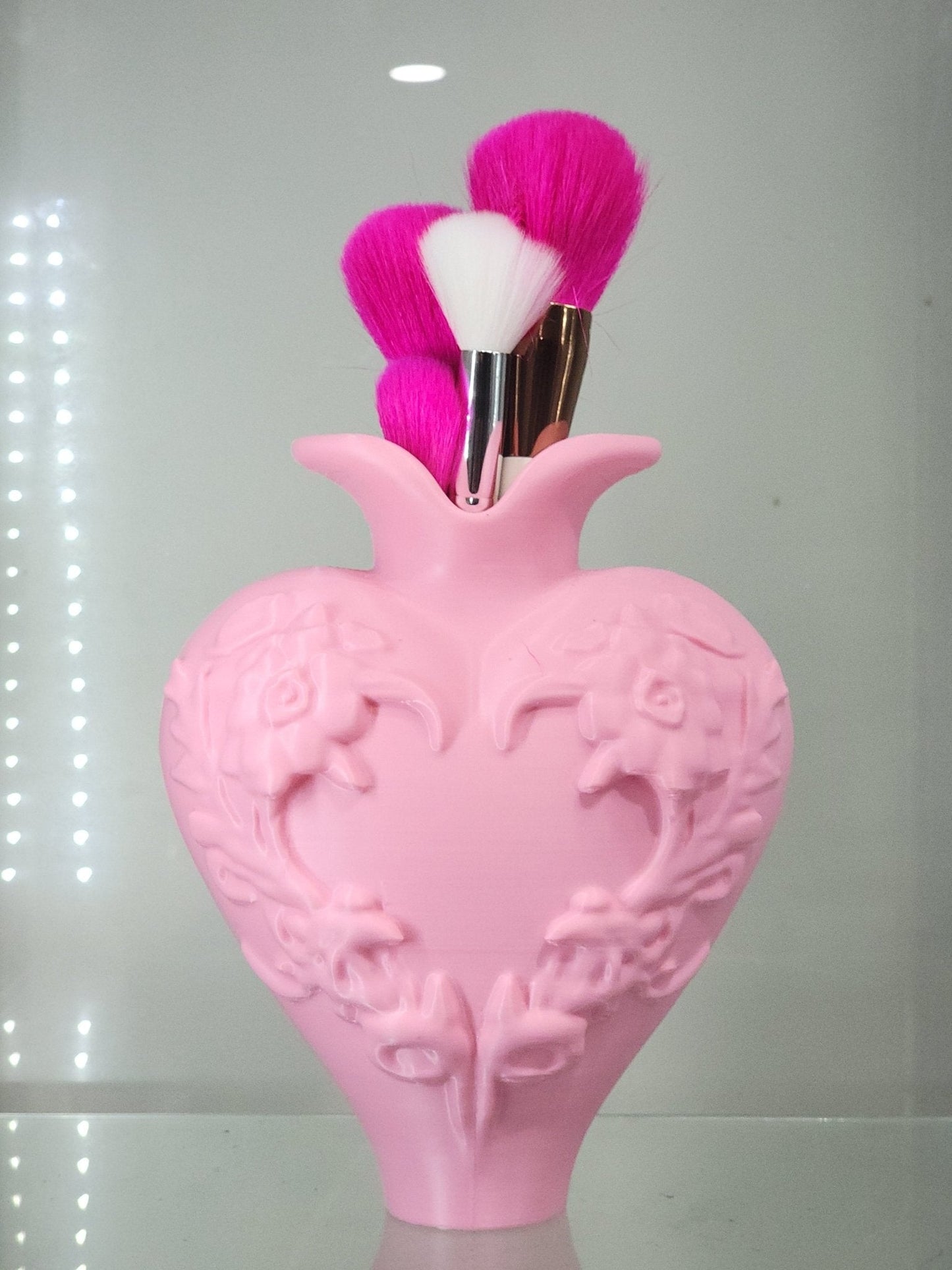3D Printed Pink Heart Vase & Brush Holder - Floral Decor & Organizer