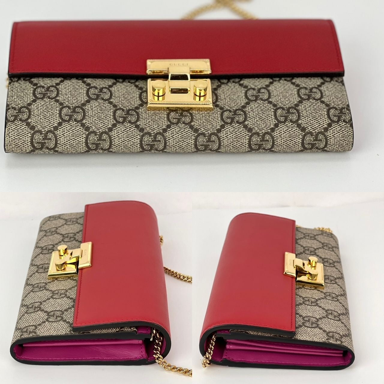Gucci GG Supreme Continental Wallet on a Chain Red Pink Clutch