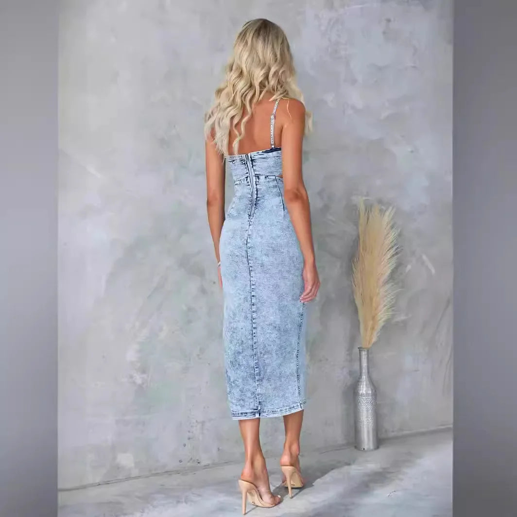 Sling Dress Women Denim Long Dresses V Neck Sleeveless High Waist Y2k Streetwear Vestidos Zipper Sexy Slim Bodycon Hollow Out