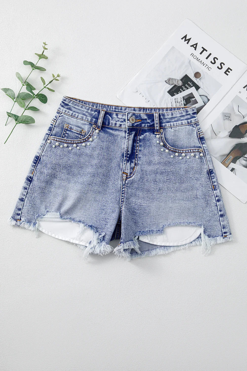 Beau Blue Pearl Studded Pocket Raw Hem Denim Shorts