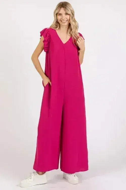 Mittoshop V-Neck Ruffled Cap Sleeve Jumpsuit - Wide Leg Design