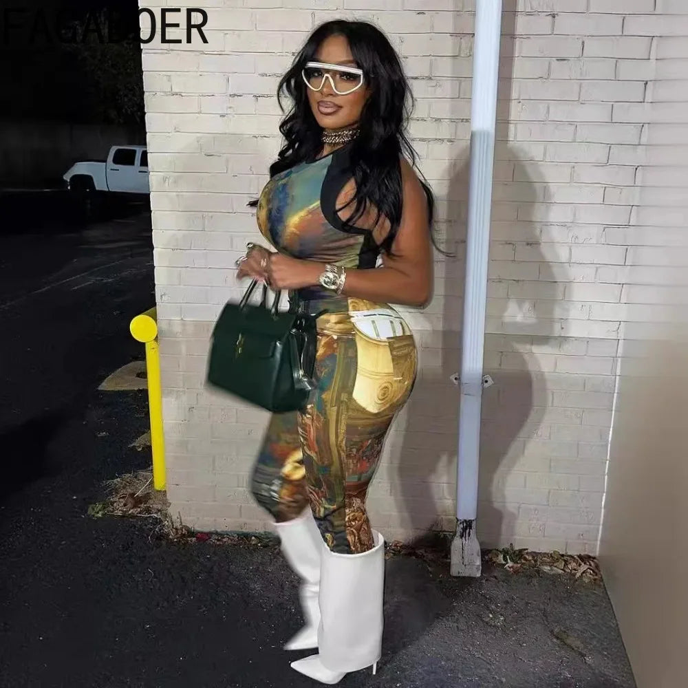 FAGADOER Fashion Print 2 Piece Sets Woman Outfit Oil Painting Sleeveless Crop Top And Pants Female Streetwear Summer Spring New