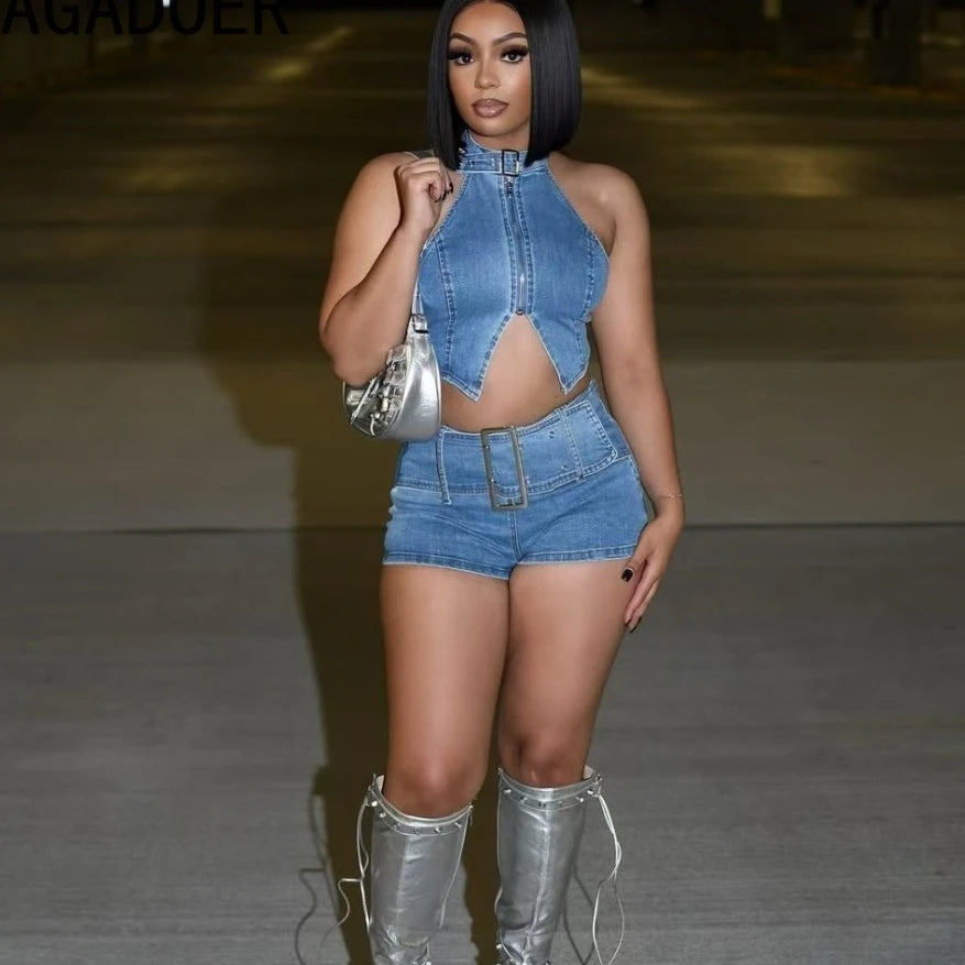 FAGADOER Y2K Sexy Denim 2 Piece Sets Woman Outfit Zipper Sleeveless Backless Halter Crop Top and Shorts Suits Female Streetwear