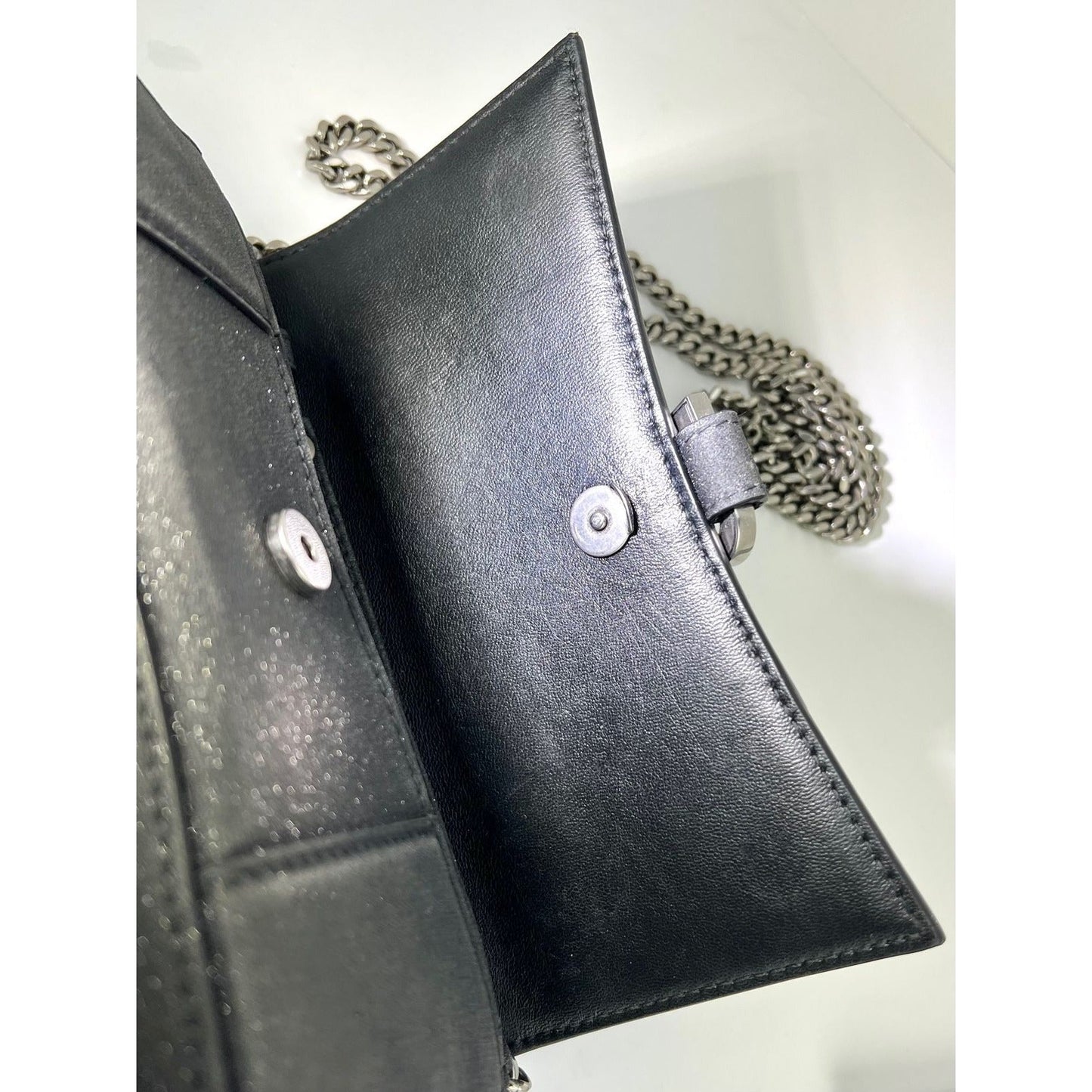 BALENCIAGA Hourglass Wallet On Chain Black Glitter Clutch Shoulder Bag