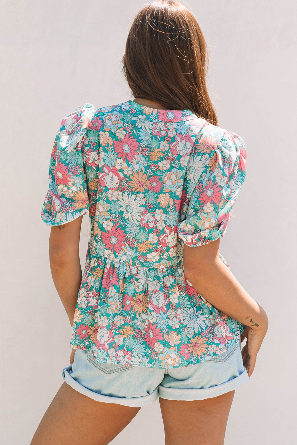Amaris Notched Neck Puff Short Sleeve Floral Blouse