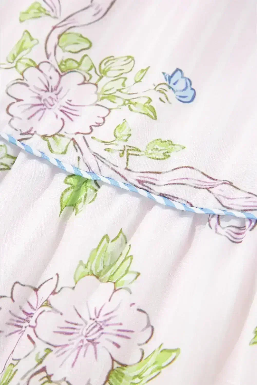 Pink Floral Striped Print Contrast Trim Tie Split Neck Mini Dress