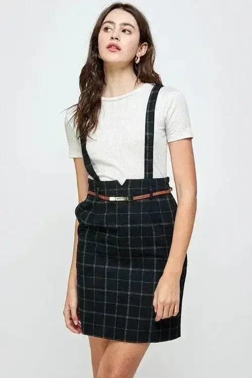 Plaid Suspender Skirt - High Waisted with Belt | Femstylo