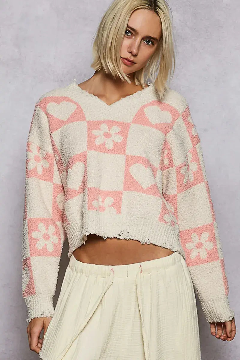 POL V-Neck Heart Pattern Checkered Sweater