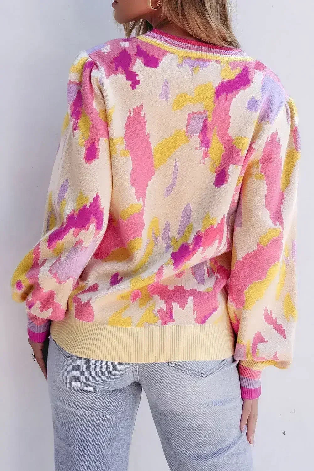 Abstract Balloon Sleeve Sweater - Colorblock Knit | Femstylo