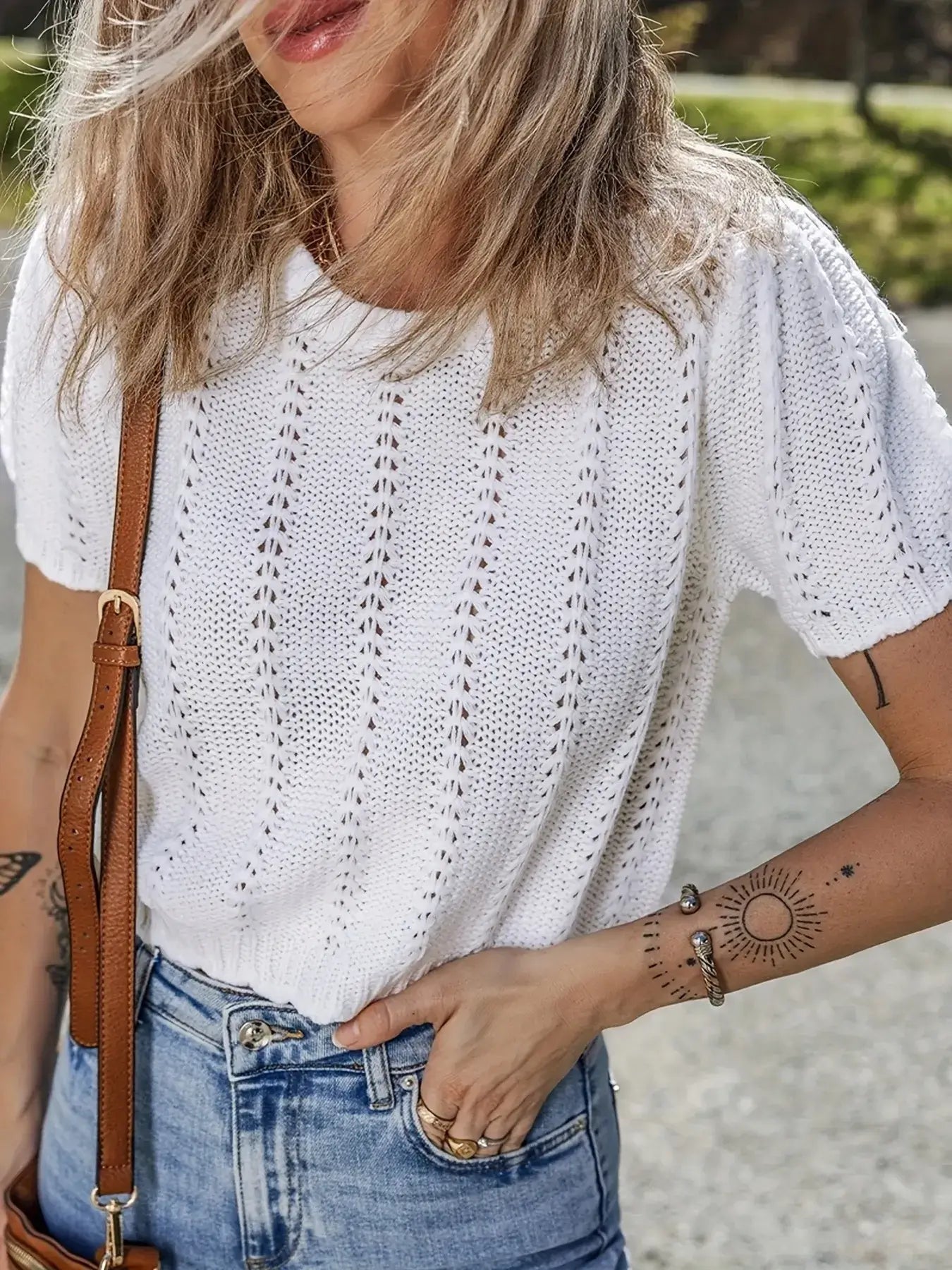 Openwork Round Neck Short Sleeve Sweater