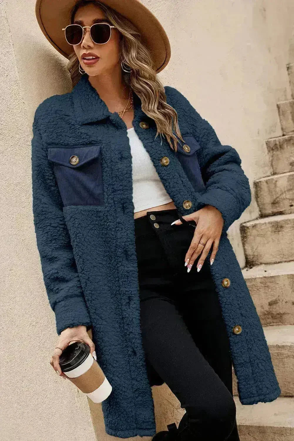 Blue Teddy Coat – Contrast Flap Pockets & Single Breasted