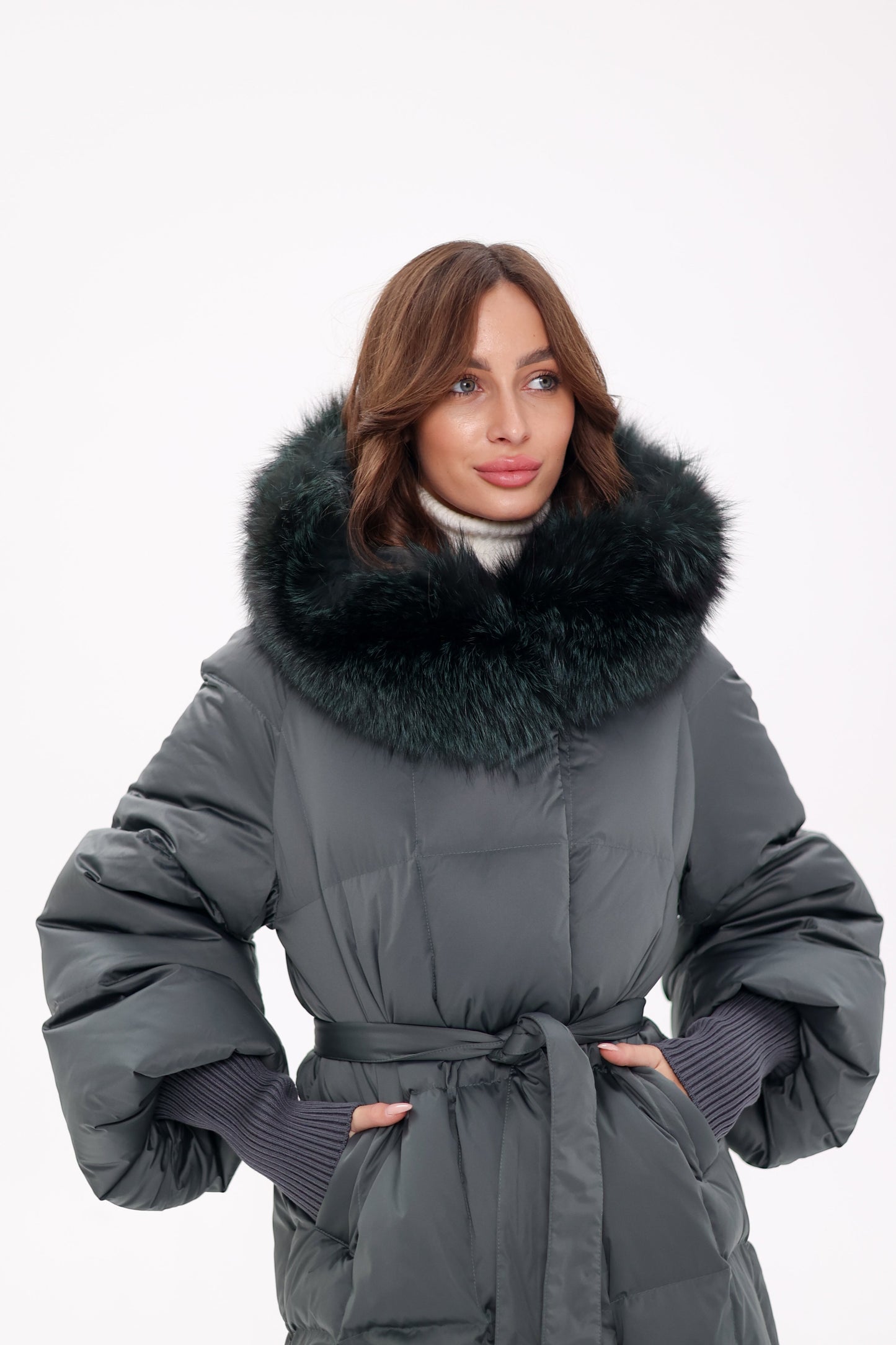 Genuine Silver Fox Fur Trim Down Coat in Forest Slate