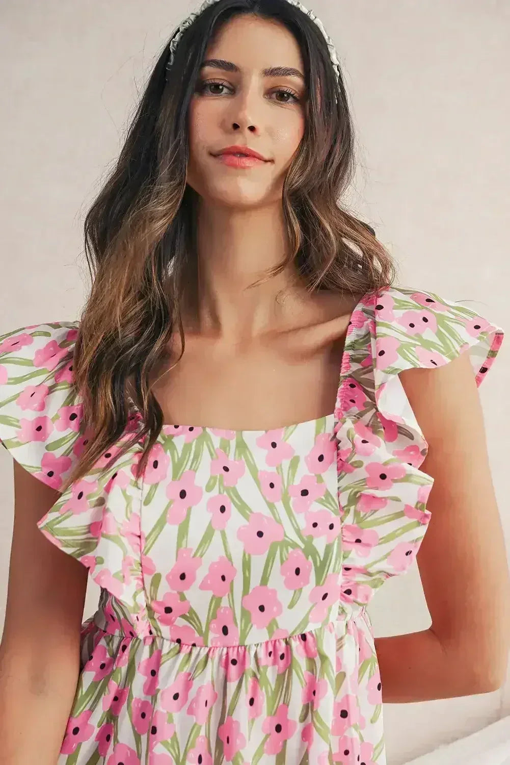 Pink Floral Print Square Neck Ruffled Strap Maxi Dress