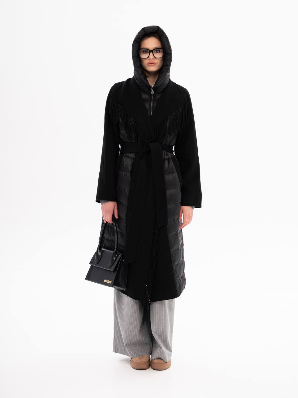 Manteau Kennedy en mélange de laine et duvet de luxe à franges, noir