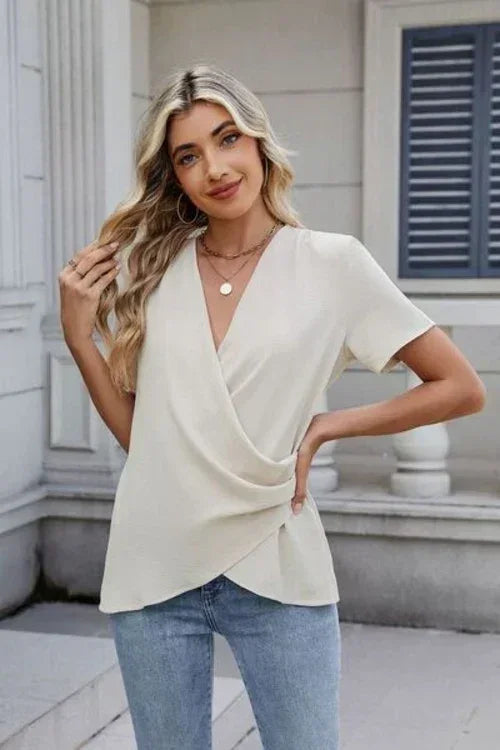 Out of State - Solid Color Surplice Short Sleeve Blouse