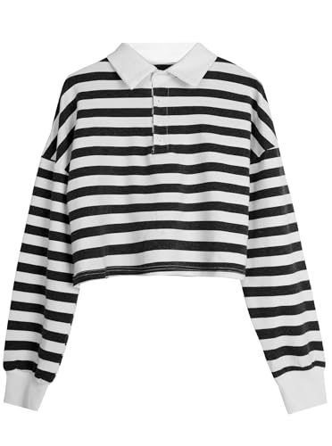 Natalie Winters Dress - Remidoo Women's Collared Half Button Long Sleeve Striped Crop Top Sweatshirt