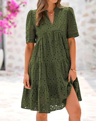 Easter Dress Women - BTFBM Womens Boho Summer Dresses 2025 Resort V Neck Short Sleeve Hollow Out Lace Ruffle Casual Beach Mini Vacation Dress