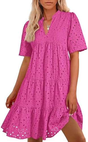 Easter Dress Women - BTFBM Womens Boho Summer Dresses 2025 Resort V Neck Short Sleeve Hollow Out Lace Ruffle Casual Beach Mini Vacation Dress