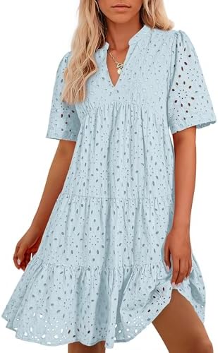 Easter Dress Women - BTFBM Womens Boho Summer Dresses 2025 Resort V Neck Short Sleeve Hollow Out Lace Ruffle Casual Beach Mini Vacation Dress