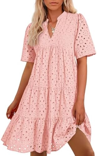 Easter Dress Women - BTFBM Womens Boho Summer Dresses 2025 Resort V Neck Short Sleeve Hollow Out Lace Ruffle Casual Beach Mini Vacation Dress