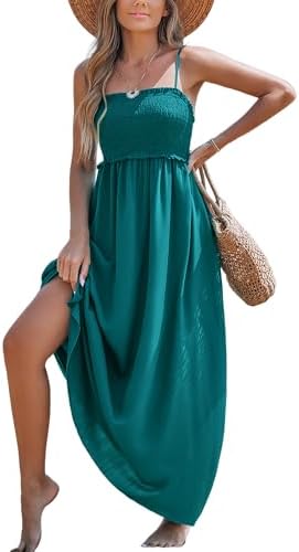 Sundresses - CUPSHE Women's Maxi Dress Ditsy Floral Smocked Summer Sundress Sleeveless Ruffled Spaghetti Straps Long Beach Formal Dress