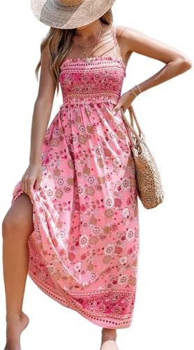 Sundresses - CUPSHE Women's Maxi Dress Ditsy Floral Smocked Summer Sundress Sleeveless Ruffled Spaghetti Straps Long Beach Formal Dress