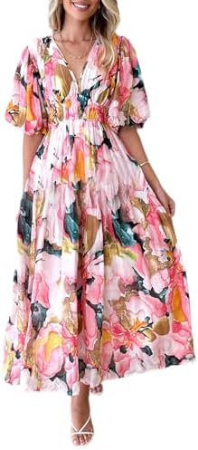 Easter Dress Women - Sissyaki Women's Boho Floral Midi Dress Smocked Beach Flowy Dress