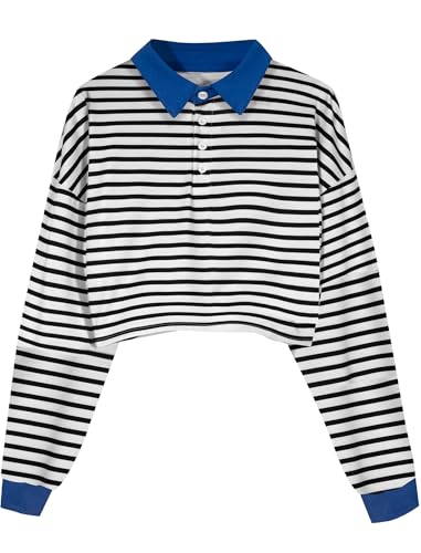 Natalie Winters Dress - Remidoo Women's Collared Half Button Long Sleeve Striped Crop Top Sweatshirt