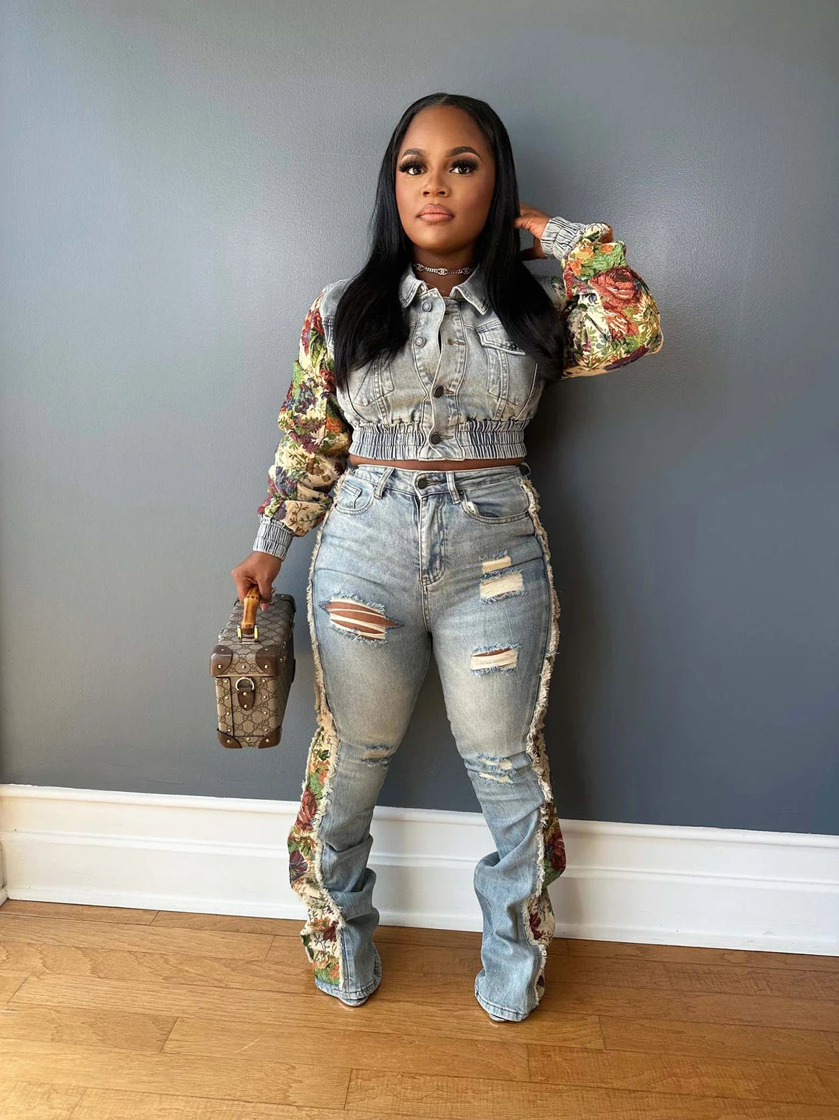 2024 Women's Printed Splicing Denim Jacket Long Sleeve and Piercing Jeans Long Pants Color Contrasting Set Two Piece Set