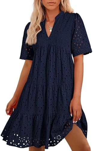 Easter Dress Women - BTFBM Womens Boho Summer Dresses 2025 Resort V Neck Short Sleeve Hollow Out Lace Ruffle Casual Beach Mini Vacation Dress
