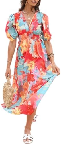 Easter Dress Women - Sissyaki Women's Boho Floral Midi Dress Smocked Beach Flowy Dress