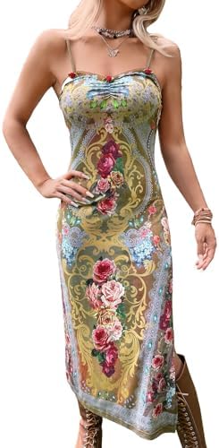 Sundresses - Floerns Women's Summer Split Thigh Spaghetti Strap Cami Midi Floral Dress