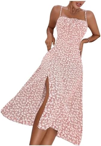 Sundresses - Floerns Women's Summer Split Thigh Spaghetti Strap Cami Midi Floral Dress