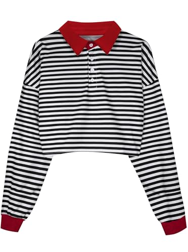 Natalie Winters Dress - Remidoo Women's Collared Half Button Long Sleeve Striped Crop Top Sweatshirt